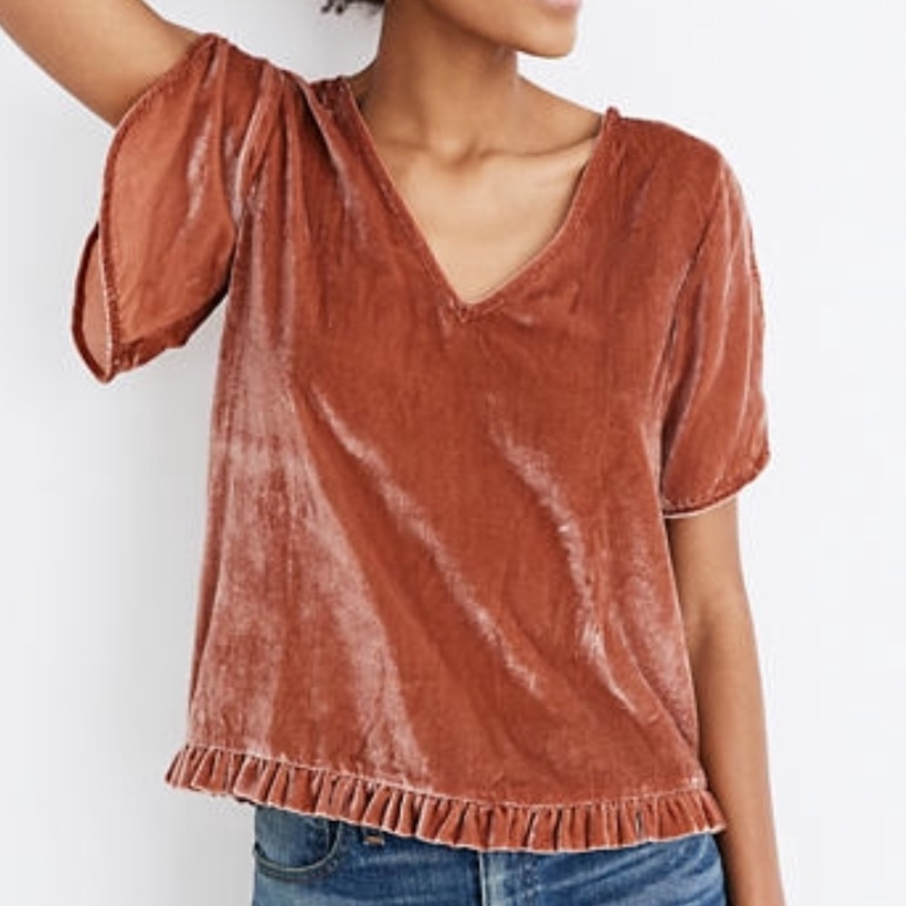 Madewell Velvet Tulip-Sleeve Ruffle Top - Picture 2 of 9